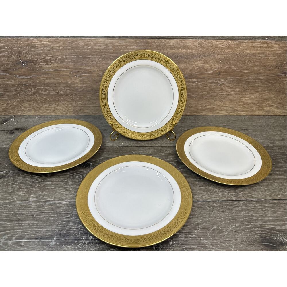 Spode Copeland England Gold Encrusted Large Trim 9” White Salad Plate ~4 Pc Set